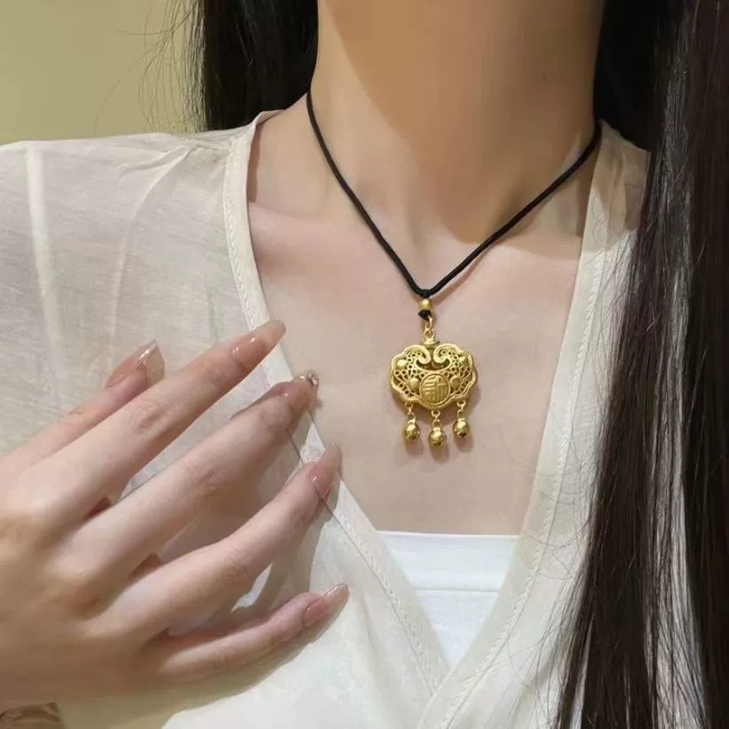 Protective amulet, woven necklace handmade, small bell, pendant, longevity lock