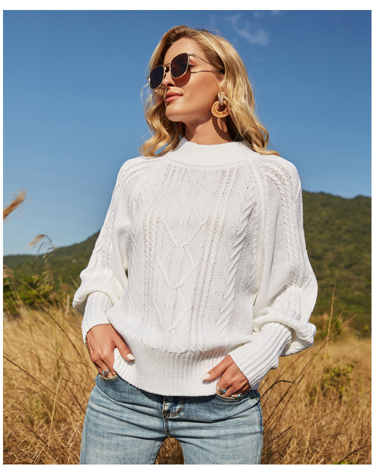 Autumn And Winter Round Neck Lantern Sleeve Solid Color Sweater