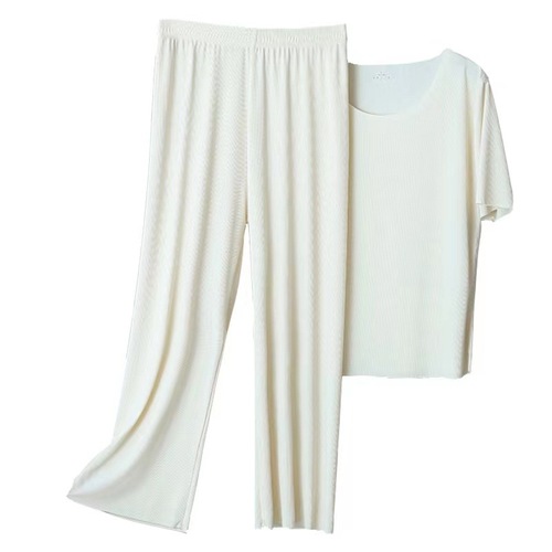 Ribbed Ice Silk Home Set Women Spring Summer Wide Leg Pants Wear Casual Home Ultra Thin Cool Sensation Short Sleeve Pajamas