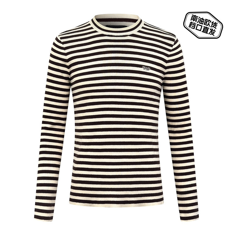 Prd Striped Embroidered Crew Neck Sweater with 3D Stripes, High-End Lazy Knit Style, Ribbed Cotton Long Sleeves Prd Striped Embroidered Crew Neck Sweater with 3D Stripes, High-End Lazy Knit Style, Ribbed Cotton Long Sleeves