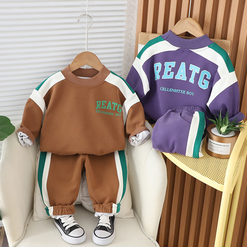 2024 Spring Dongdong Children's Clothing Letter Contrast Color Two-Piece Set Sports Kids Outfit 0-5 Years Old Two-Piece Wholesale