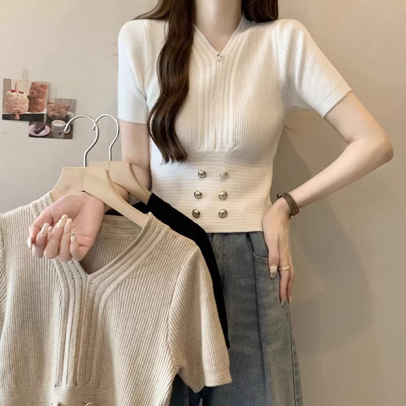 V-Ausschnitt, hohe Taille, kurzärmeliger Damen-Sommer, neuer französischer Stil, kleiner, duftender Wind, Eisseide, gestrickter Pullover_voghion.com