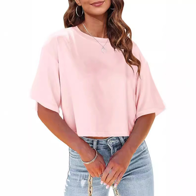 2024 women's half sleeve short T-shirt drop shoulder round neck navel top casual summer solid color basic T-shirt 2024 women's half sleeve short T-shirt drop shoulder round neck navel top casual summer solid color basic T-shirt