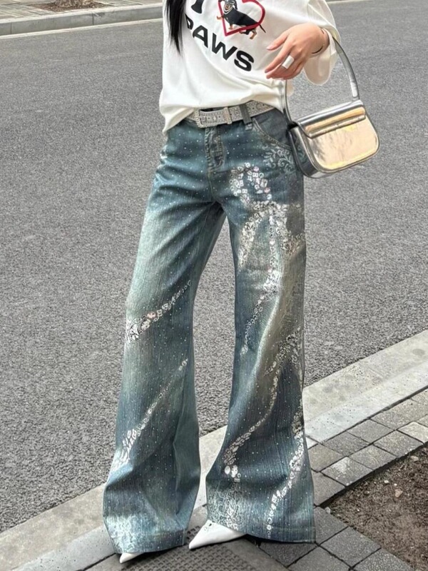 美式街头大码水洗复古满钻印花设计牛仔裤女宽松直筒显瘦阔腿长裤|undefined