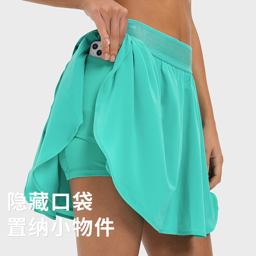 Shishi fake two-piece sports pants and skirts, slim-fitting elastic pocket sports shorts for women, loose and elegant sports skirts