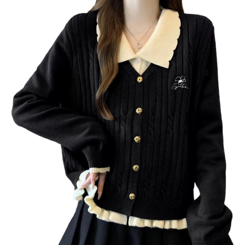 인형 칼라와 어깨 니트 카디건 스웨터 코트 여성의 가을과 겨울 플러스 사이즈 뚱뚱한 가짜 투피스 탑