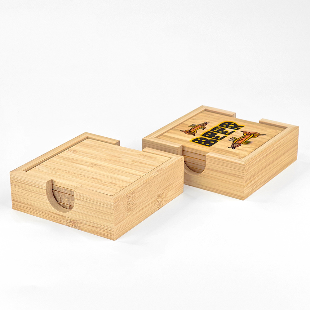 Transferencia térmica de bambú y madera taza cojín conjunto de material cuadrado al por mayor