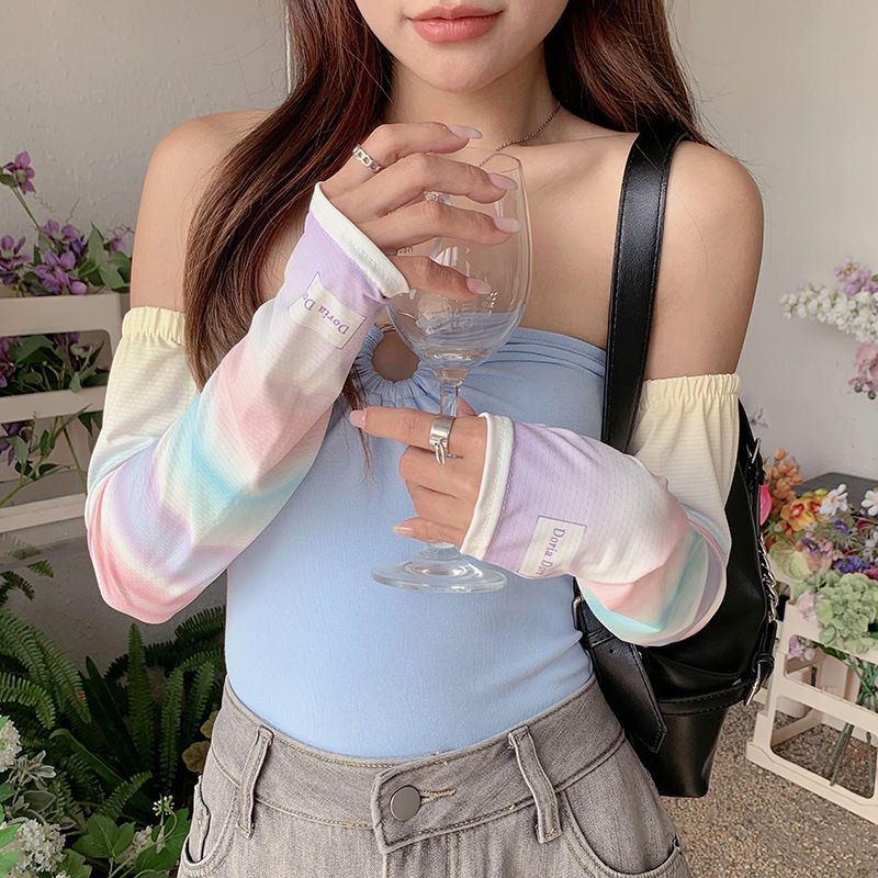 Arco iris degradado guantes de protección solar mujeres conducción al aire libre protección UV protector de brazo de seda de hielo estudiantes ciclismo protector solar mangas de hielo