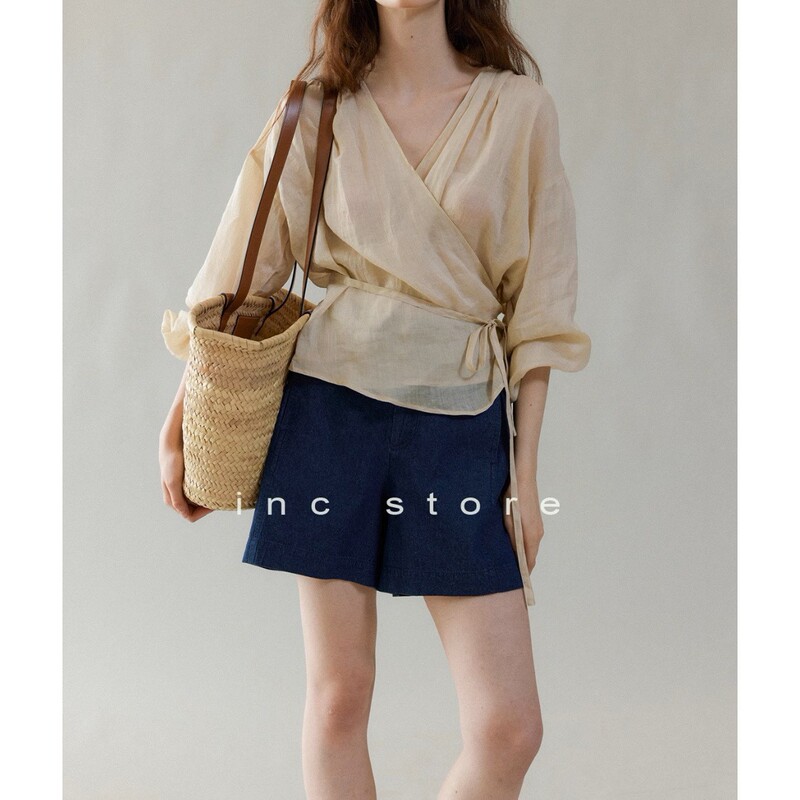 inc store 2025 New Early Spring "Old Things Between Flowers" Mustard Grey Two-color Ramie Lace-up Shirt