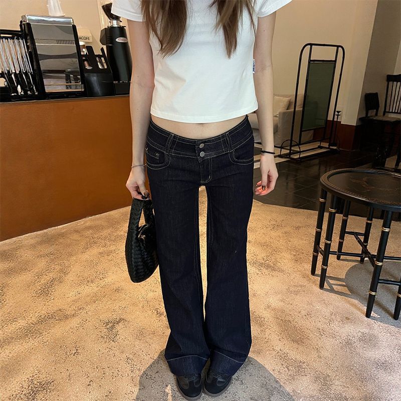 Low-waisted, slightly flared, double-button, sexy straight-leg jeans for women, 2026 new model, stretchy, slimming, wide-leg, floor-length flared pants