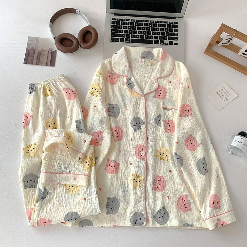 Al por mayor transfronterizo otoño nuevo pijama de manga larga nube de algodón de dibujos animados ropa doméstica de mujer se puede usar con un lindo conjunto de solapa