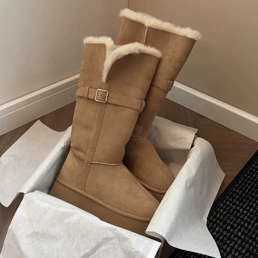 Женские зимние сапоги 2025: новая модель, на толстой подошве, двойного назначения, средней высоты, утепленные флисом, теплые, двойного назначения, для северо-востока, модные хлопковые сапоги