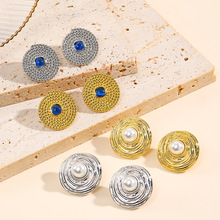 复古铜镀18k金螺纹形轻著仿珍珠耳钉 中古风个性潮流水波纹女耳饰