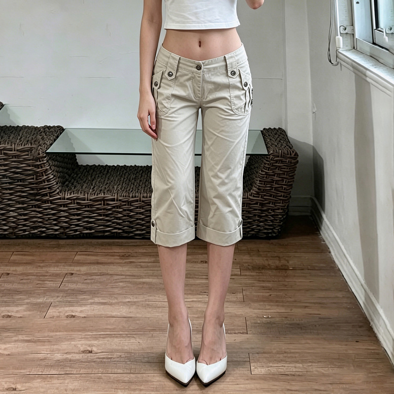 American Retro Workwear Style Khaki Rolled-Up Commuter Straight-Leg Pants for Women, Street Fashion, Mature Casual Style, Casual Five-Point Pants