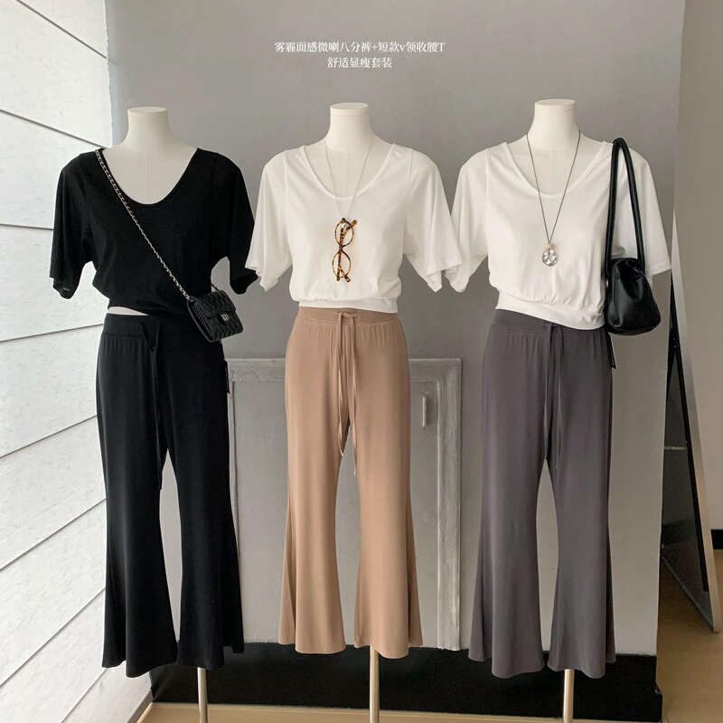 Slightly Flared Cropped Pants with a Matte Finish That Doesn'T Stick to the Skin, Refreshing Mid-Waist Casual Pants, Versatile Pants Slightly Flared Cropped Pants with a Matte Finish That Doesn'T Stick to the Skin, Refreshing Mid-Waist Casual Pants, Versatile Pants