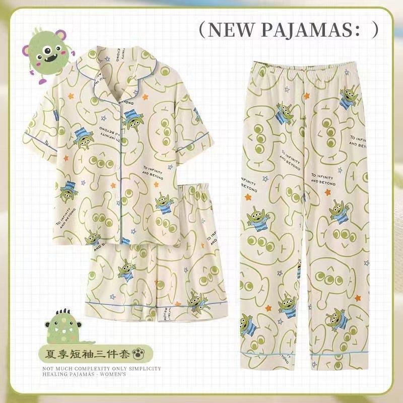Pijamas de verano para mujer 2025, nuevo conjunto de tres piezas de cárdigan de manga corta, talla grande, delgado, pantalones largos, conjunto de ropa para estar en casa