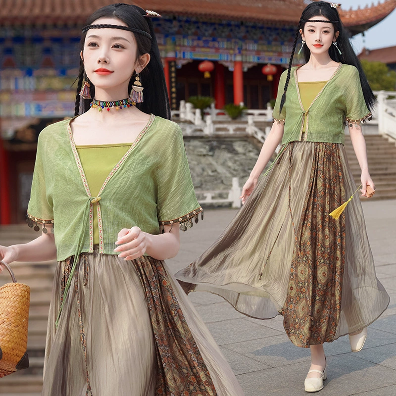 9633 Новый китайский стиль в женском летнем национальном стиле с V-образным вырезом кардиган с классическим улучшенным цветным набором юбок