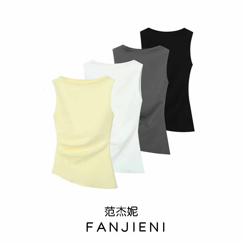 ZR foreign trade wholesale European and American style women's multi-color pleated asymmetric boat collar sleeveless T-shirt 4424311