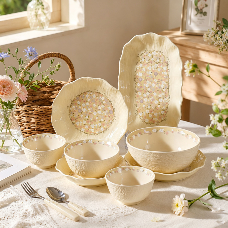 French-style dish set, rice bowl, high aesthetic value, underglaze colored ceramic tableware, household bowls, plates, soup bowls, noodle bowls, dinner plates