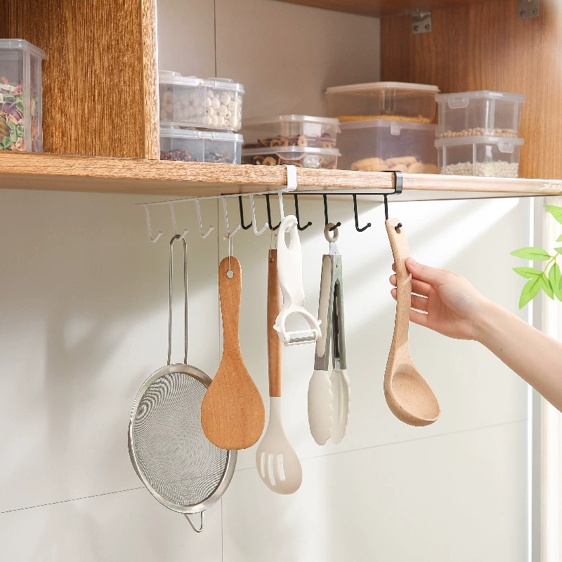 Punch‑free 6‑hook under‑shelf hanging rack, multi‑row storage for cabinet and kitchen