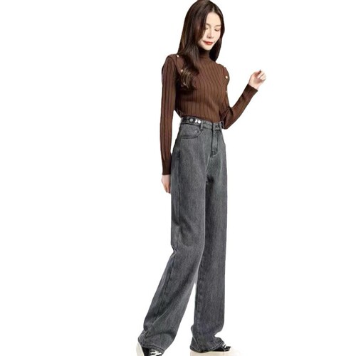Knit Fleece Thick Denim Pants for Girls, Autumn/Winter Style, Hong Kong Fashion, New Arrival, Straight Leg, Loose Wide Leg, Dadjeans