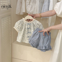レモン里2025夏の女の子の薄いレースの子供のシャツの花の上着の半袖の洋気の半ズボンの女の子のスーツ