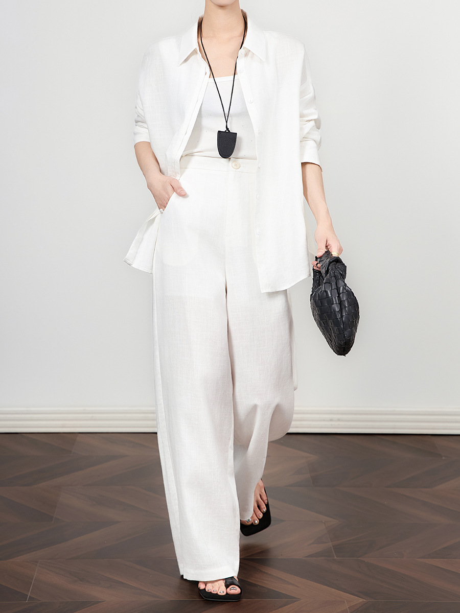 Quần culottes nữ ống rộng vải lanh phong cách cổ điển giản dị, dáng suông rộng, mặc đi làm hoặc dạo phố mùa hè — Màu trắng