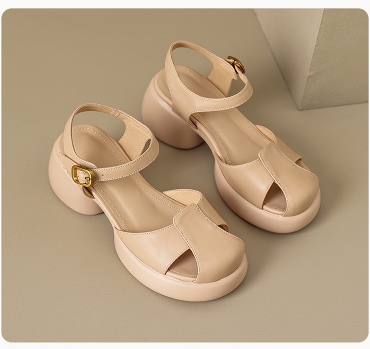 Sandal cao gót nữ bít mũi da cừu gót thô kiểu La Mã đế dày quai ngang — Màu trắng be chi tiết 27