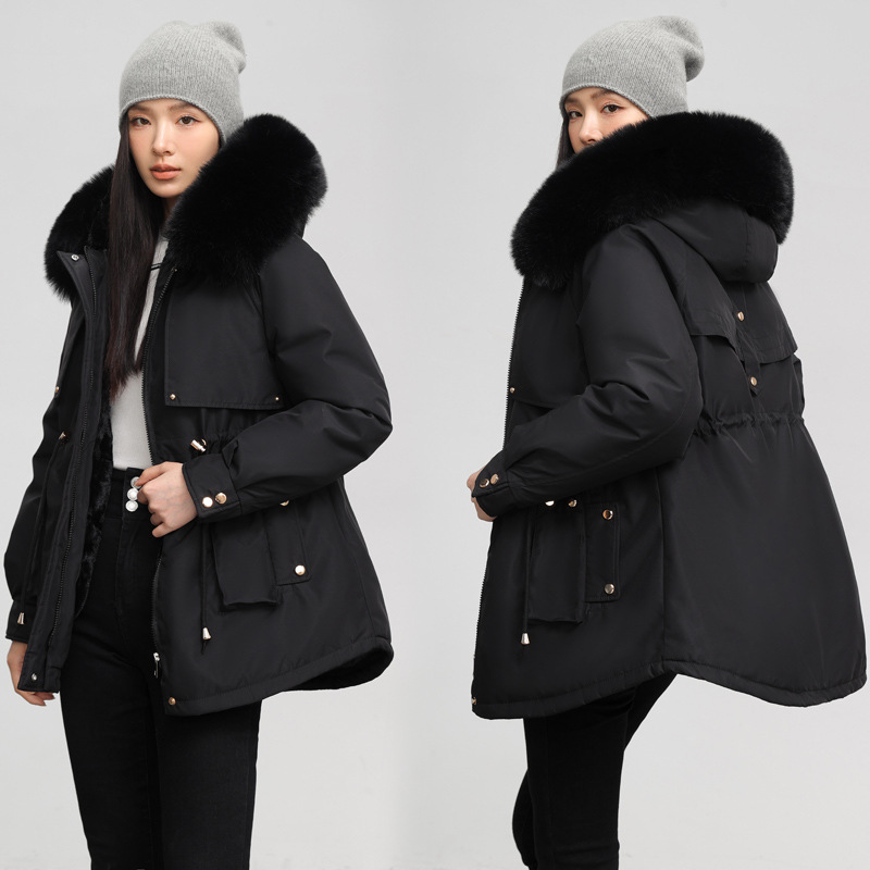 Ropa de mujer Chaqueta de algodón cálida con cuello de piel grande y capucha con cintura adelgazante_voghion.com