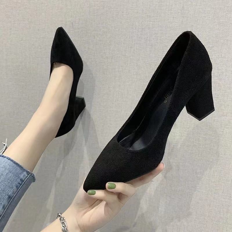 French Style Elegant High Heels Women's Thick Heel Autumn and Winter New Pointed Shallow Mouth Small Chanel Style Suede Single Shoes for Women
