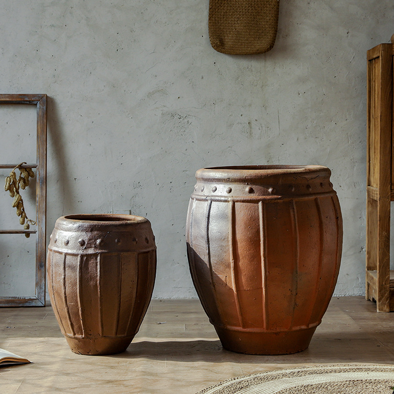Decoración silenciosa de cerámica maceta de cerámica de color de tierra vasijas de flores de barril de cerámica residencial vasijas de cerámica rural vasijas de cerámica pastorales