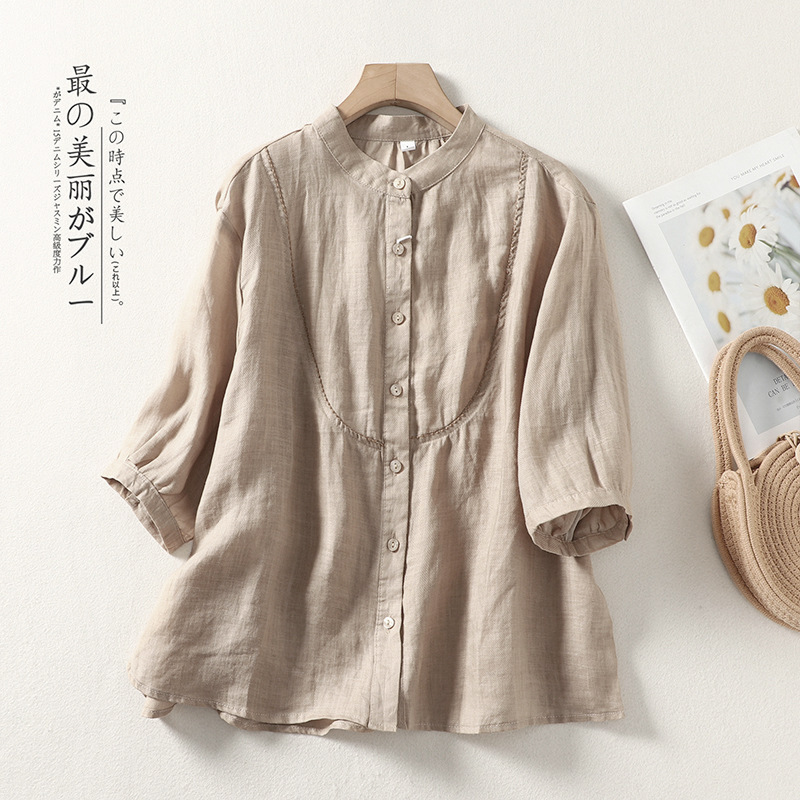 2025年綿麻シャツ、おしゃれな刺繍入り、夏のゆったりとした万能シングルボタン、スタイリッシュな無地トップスの実物写真|undefined