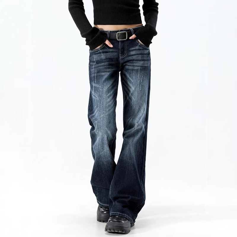 Washed Whisker-Patterned Design Flared Jeans for Women, Slim Fit, Trendy, Versatile, Floor-Length, Low-Waist, Autumn and Winter