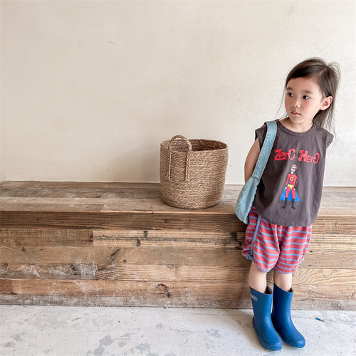 Children's Clothing 2024 Summer New Products Girls Korean Summer Clothes Printed Raglan Sleeves Children's Tank Top T-Shirt 122269