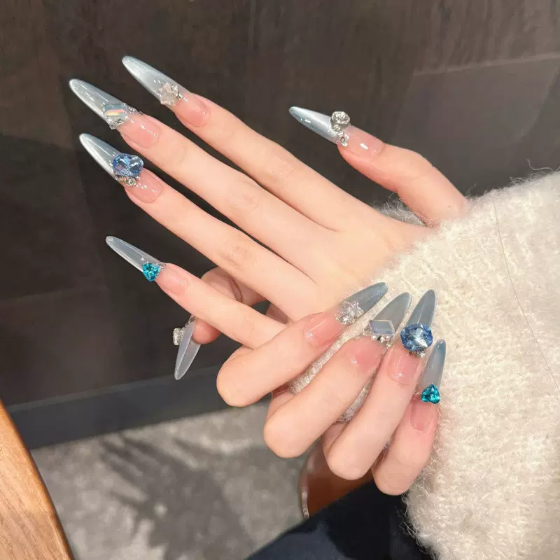 瑞卡曼【蓝色秘境】纯手工穿戴甲爆闪富贵千金猫眼可拆卸美甲贴片