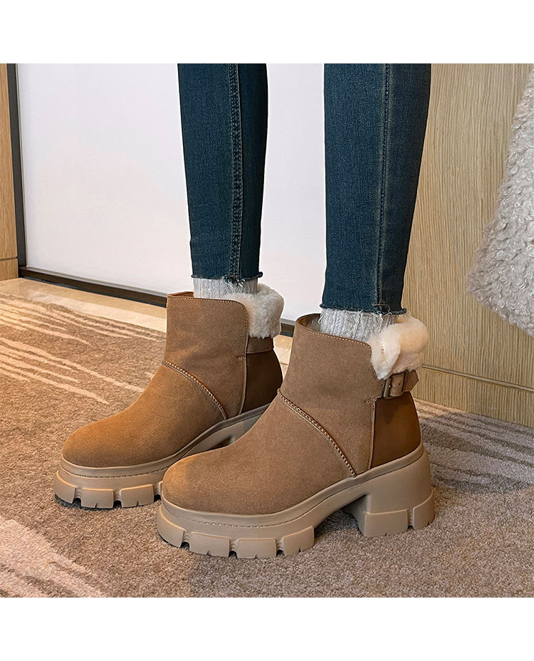 Boot tuyết nữ len thật gót cao đế dày ống ngắn lót lông giữ ấm — màu đen chi tiết 9