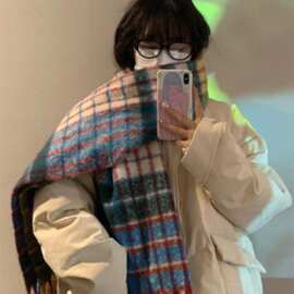流浪画家 复古彩色格子仿羊绒流苏围脖梦幻保暖秋冬围巾披肩加厚