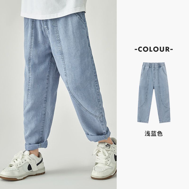 男の子用カジュアルパンツ、柔らかく通気性のある夏用クールテンセルイミテーションジーンズ、中型および大型の子供用滑らかで滑らかなストレートパンツ|undefined