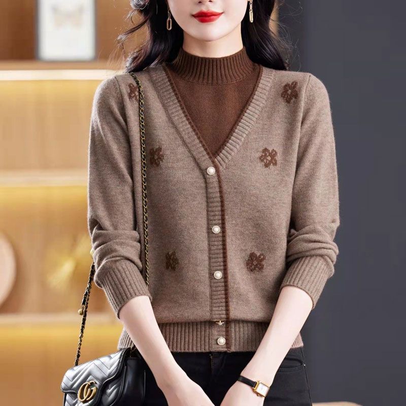 跨境妈妈装假两件毛衣 女秋冬半高领宽松洋气提花加厚针织打底衫