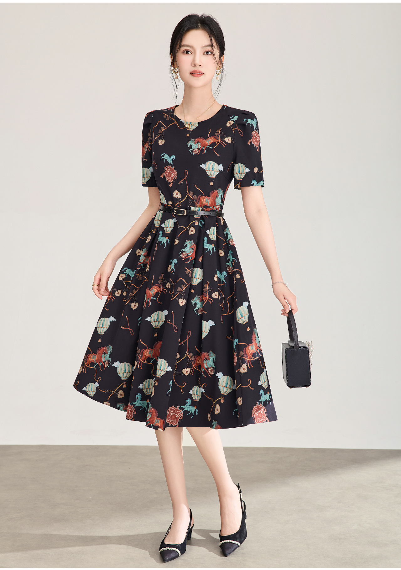 Đầm chữ A tay ngắn in họa tiết chiffon mùa hè — màu đen chi tiết 4