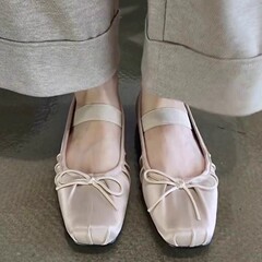 羊皮版~法式温柔风褶皱蝴蝶结平底芭蕾舞鞋浅口一字带方头单鞋女