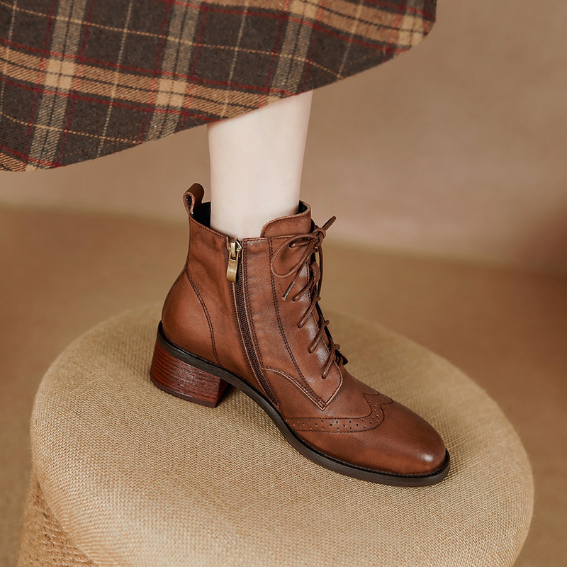 First-Layer Cowhide Leather 2025 Autumn and Winter Side-Zipper Retro-Style Genuine Leather Short Boots Lace-Up Martin Boots Black and Beige