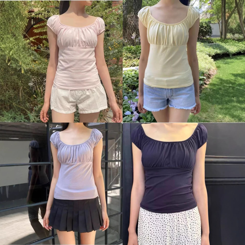 Bm Style New Square-Neck Ruched Puff Sleeve Short-Sleeve T-Shirt, Slim Fit Versatile Slimming Solid Color Base Top for Women Bm Style New Square-Neck Ruched Puff Sleeve Short-Sleeve T-Shirt, Slim Fit Versatile Slimming Solid Color Base Top for Women