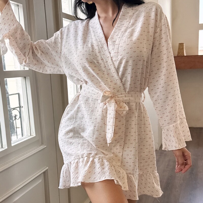Cross-Border Cloud Cotton Nightgown European and American Bathrobe Hot-Selling Casual Small Flower Simple Style Seersucker Pajamas Home Wear Dressing Gown