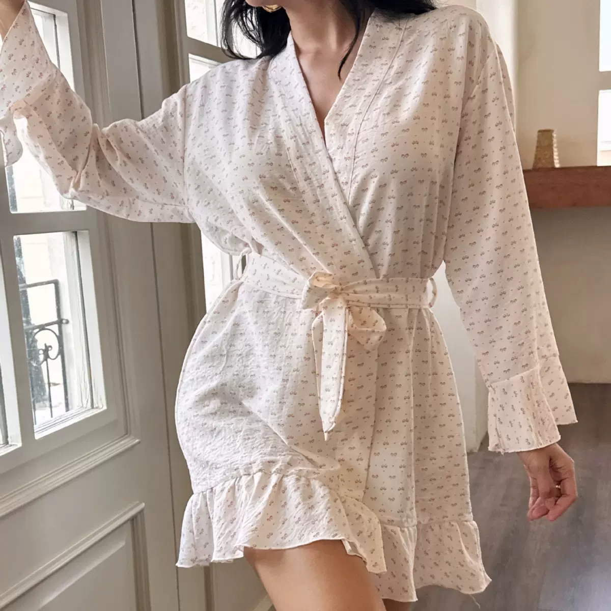 跨境云朵棉睡袍欧美浴袍热销休闲小花简约风泡泡纱睡衣家居服晨袍