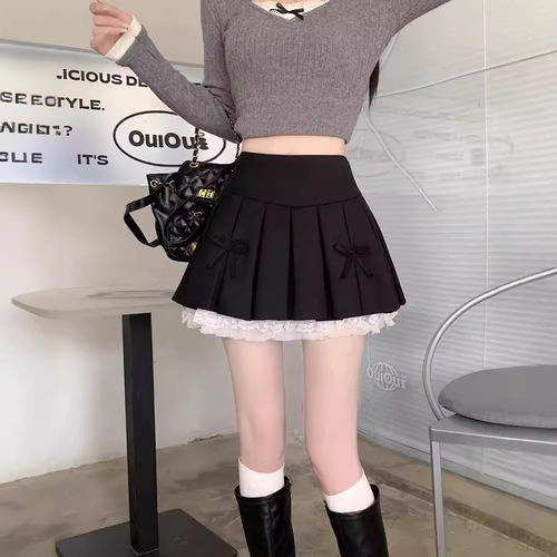 Lace-trimmed Pleated Skirt Women's Autumn Fashion Design High Waist A-line Hip-Hugging Short Skirt Fluffy Mini Skirt Girl's Skirt Pant