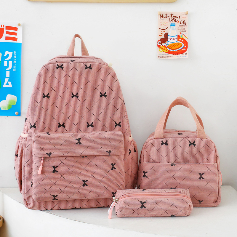 书包三件套新款学生灯芯绒蝴蝶结双肩包高颜值休闲大容量背包