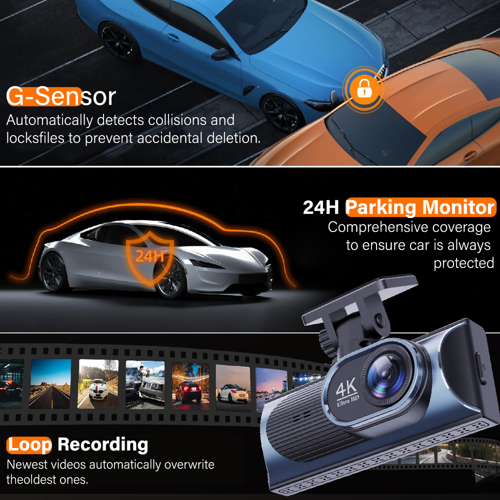 Cross-Border New Model Dash Cam with High-Definition 4K Front and Rear Dual Recording, Mobile Phone Wf Connectivity, Gps Driving Trajectory, In-Car Dvr