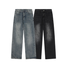 美式复古牛仔裤男潮牌做旧显瘦高街宽松青少年直筒阔腿休闲长裤子