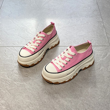 粉色厚底帆布鞋女2023春新款增高休閑板鞋洋氣牛筋底小個子松糕鞋
